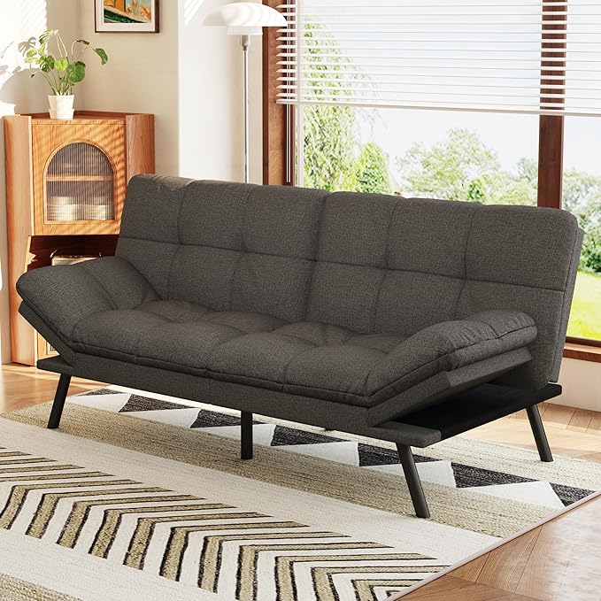 Opoiar Convertible Futon Sofa Bed71 Memory Foam Futon CouchDetachable CushionAdjustable Backrest &amp ArmrestLinen Modern Loveseat Sleeper Recliner for Living RoomOfficeApartmentRetro Grey
