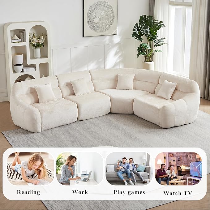 123 Oversized Boneless Chenille Curved Corner Sectional Sofa Modern Luxury 4 Pillows Modular Cloud 4-Seater Sofa High-Back Couch for Living Room (Beige)