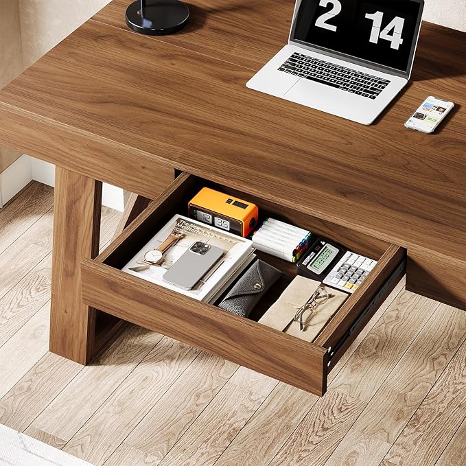 Tribesigns 55 Wide Desktop Executive Desk with Drawer Retro Brown Computer Office Desk Modern Wood Business Workstation Table for Home Office