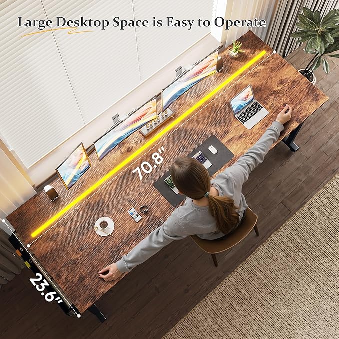 71 Inch Computer Desk with LED Lights Office Desk for Home Office Study Desk Writing Table with Storage Bag Headphone Hook Rustic Brown