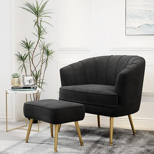 Andeworld Velvet Accent Chair with Ottoman Upholstered Modern Single Sofa Side ChairComfy Barrel Club Living Room Armchair with Golden Metal Legs for Bedroom Living Reading Room Office Black