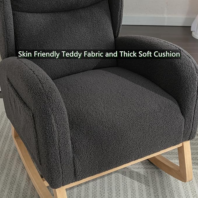 Setawix Teddy Rocking Glider Chair for NurseryUpholstered Living Room Rocker Arm ChairLeisure Sherpa Wingback ArmchairMid Century Modern Rocking Accent Chair with Side Pockets (Wingback Dark Grey)