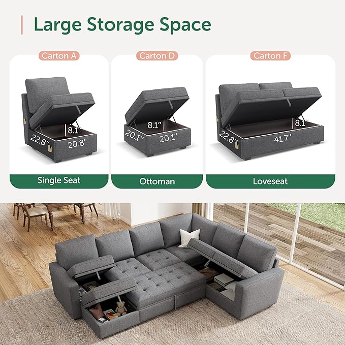 HONBAY Modular Sectional Couch with Pull Out Bed Sleeper Sofa with Storage U Shaped Modular Sectional Couches for Living RoomMid Grey