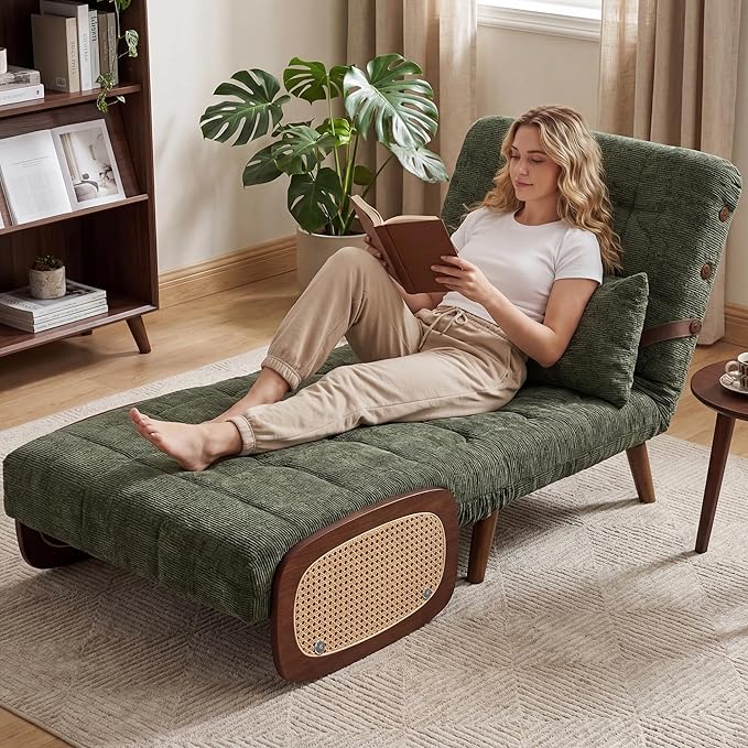 Green Chair Bed Sleeper for Adults Foldable Large Single Sofa Bed 400g Chenille Velvet Fabric Suitable for Living Rooms Bedrooms Study Rooms and Balcony Compact Spaces (Width 43 inches) | Extend