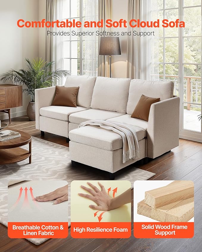 VEVOR Modular Sectional Sofa 3-Seater Modular Sofa with Hidden Storage Customizable Cloud Sectional Couch with Ottoman Solid Wood Frame Upholstered Couch for Living Room Bedroom Beige