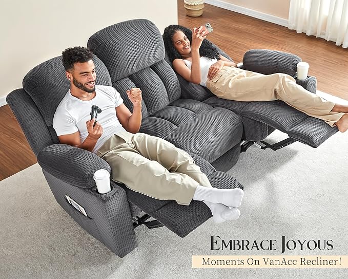 VanAcc Recliner Couch 3 Seater Sofa Recliner with Cup Holders for Living Room- 85 inch Comfy Couch with Dual Wingback Recliner Grey Oversized Recliner