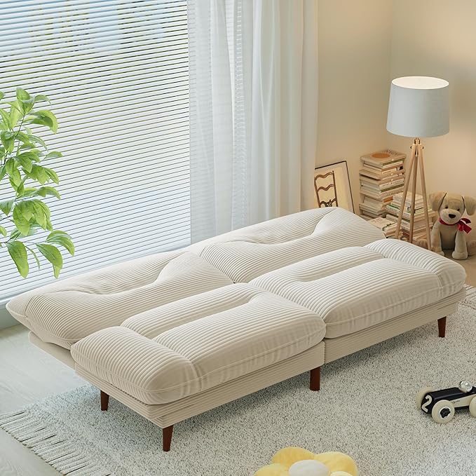 Homall Futon Sofa Bed Modern Loveseat Futon Couch with Adjustable Backrest and Armrests Sleeper Sofa Bed with Wood Frame for Living Room Office Apartment (Corduroy White)