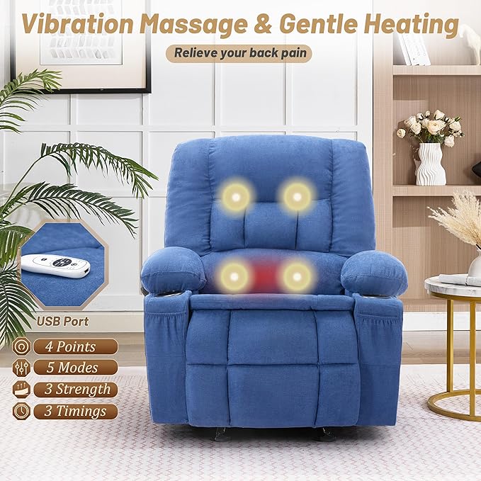 Rocker Recliner Chair with Massage and Heat Nursery Rocking Chairs for Living Room Recliner Chair for Adults Ergonomic Comfy Relining Chair with Cup Holders USB Charge Port Side Pockets Blue