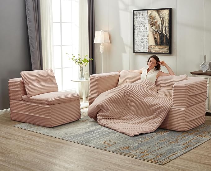 80 Sectional Queen Sleeper Sofa Bed with Independent Chaise Lounge Convertible King Size Sofa Bed with Multi Functional Blanket Corduroy Deep Seat Fluffy Foam Folding Loveseat Couch Pink