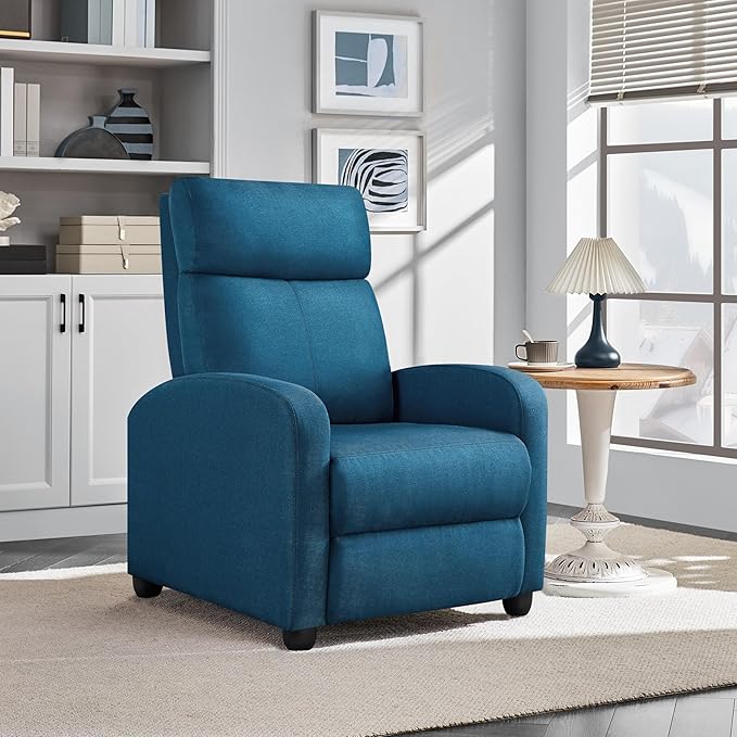 Yaheetech Fabric Recliner Sofa Modern Single Recliner Sofa Home Theater Seating with Thick Seat Cushion Backrest and Pocket Spring Blue