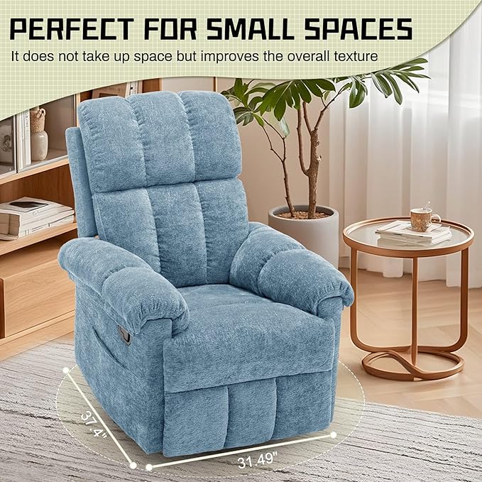 Recliner Chair Swivel Rocker Recliner Chair for Adults Small Recliners for Small Spaces Manual Recliner Chair with Side Pockets Nursery Rocking Chair for Living Room Chenille Airy Blue
