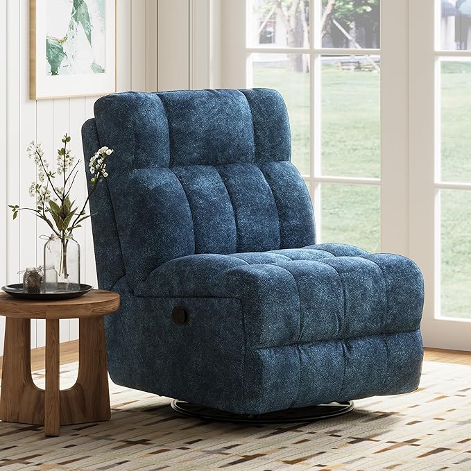 Modern 360° Swivel Rocker Recliner Chair for Adults Chenille Upholstered Manual Recliner Chair with Adjustable Backrest Soft Nursery Rocking Chair for Living Room Small Spaces (Blue/60)