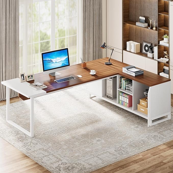 Tribesigns 70.8 L-Shaped Executive Desk with 55 File Cabinet Large Home Office Computer Desk with Storage Shelves and Cabinet Modern Business Furniture Set Home Office Walnut White
