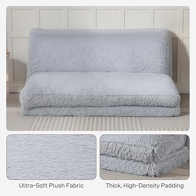 HOMCOM Bean Bag Chair Floor Sofa Bed for Adults Thick Long Folding Sofa Bed 54 x102 in Wall Couch Sleeper Chair Floor Mattress for Living Room Light Gray