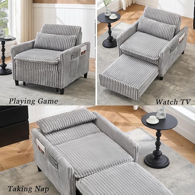 3-in-1 Convertible Sofa Chair BedPull Out Couch Single Sleeper Chair Bedwith Adjustable Backrest with Side Pockets Lounge Sofa for Living Room Bedroom Small Spaces (Gray)