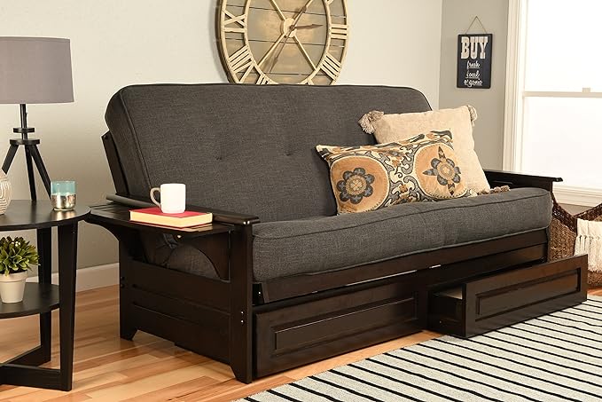 Phoenix Full Size Futon Couch in Espresso Finish with Storage Drawers - Wooden Frame - Solid Hardwood Construction