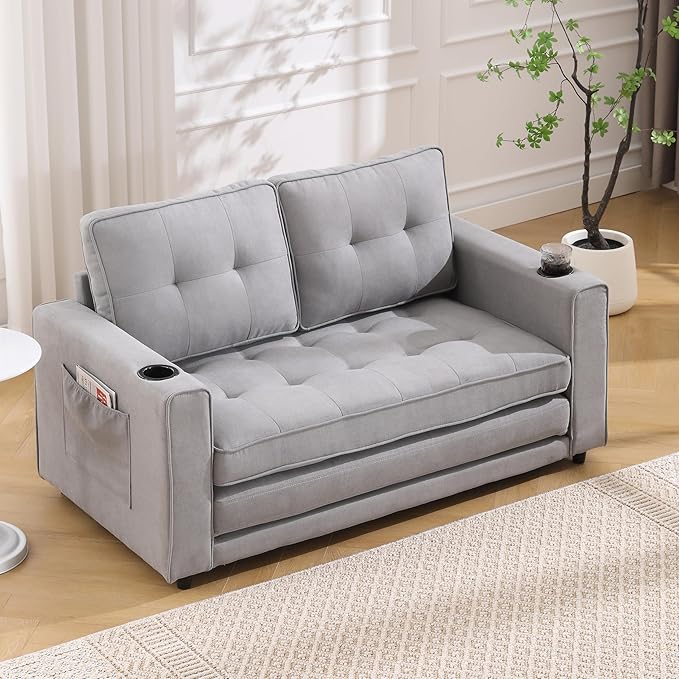 ERYE Foldable Loveseat Sofa Convertible Pull Out Sleeper Sofabed2 Seat Tufted Upholstered Sofa Modern Convertible Sleeper Couch Bed with Cupholders and Side Pockets