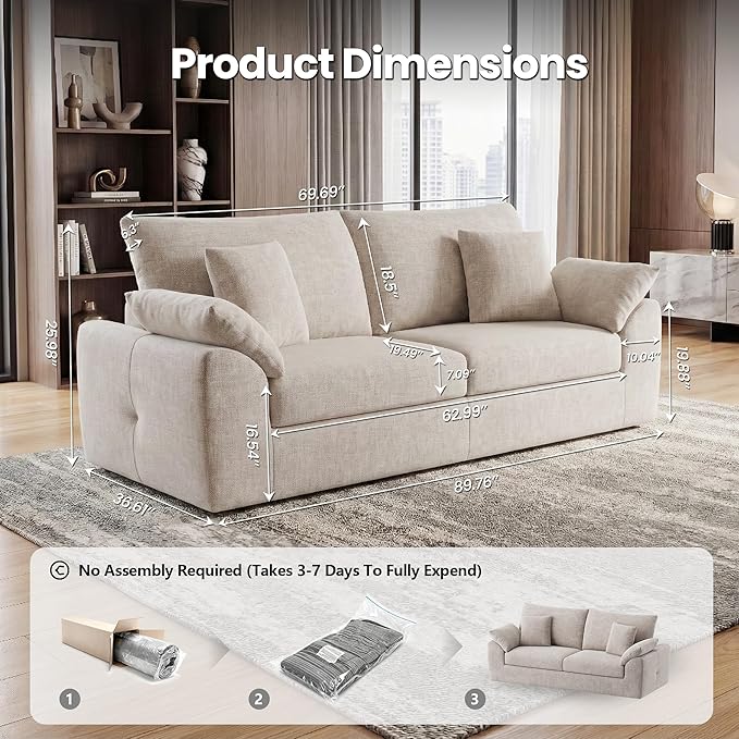 89.8 Modern Loveseat Sofa for Living Room Cloud Boneless Couches with 4 Pillows Mid Century Loveseat couches for Small Place No Assembly Required Camel