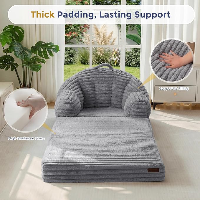 MAXYOYO Folding Sofa Bed 2 in 1 Convertible Sofa to Lounger Comfy Faux Fur Bean Bag Chair for Adults Floor Single Sleeper Couch Chair with Handle Couch Bed for Living Room Bedroom Grey