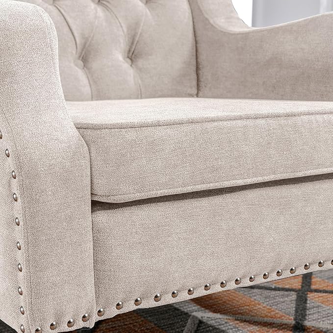 Beige Accent Chair Living Room Chair Footrest Chair Set with Vintage Brass Studs Button Tufted Upholstered Armchair for Living Room Comfy Reading Chair for Bedroom Reception Room