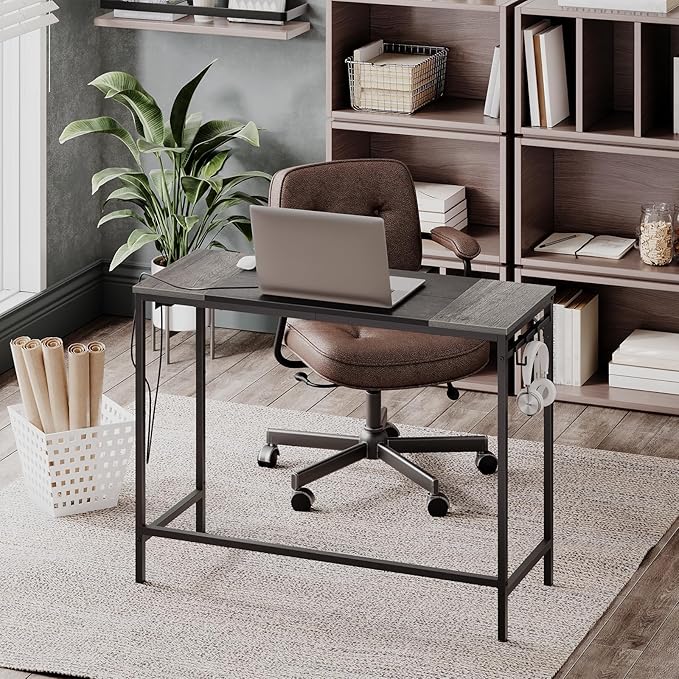 HOOBRO Computer Desk Home Office Desk with Power Outlet Modern Study Writing Desk with 3 Hooks for Study Room Home Office Sturdy and Stable Easy to Assemble Charcoal Gray and Black BC41UDN01