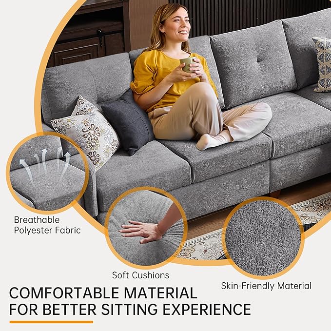 Convertible Sectional Sofa with Storage 4 Seat L Shaped Couch with Chaise and Cup Holder Modern Microfiber Fabric Sofas Couches for Living Room Light Grey