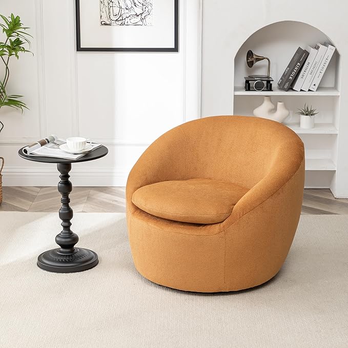 360°Swive Decorative ChairModern Comfortable Barrel Chair Reading Chairs for Living RoomBedroomDressing RoomYellow Linen