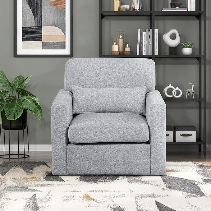 Lexicon Swivel Accent Chair Modern Armchair Home Theater Seating Boucle Fabric Upholstery Single Sofa Chair with Lumbar Pillow for Living Room/Bedroom Required Assembly Gray