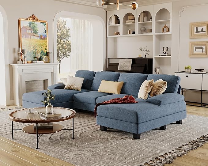 Furmax Sectional Couches for Living Room U-Shaped Sofa Couch with Linen Fabric 4 Seat Sofa Set with Double Chaise for Apartment (Fabric Light Blue)