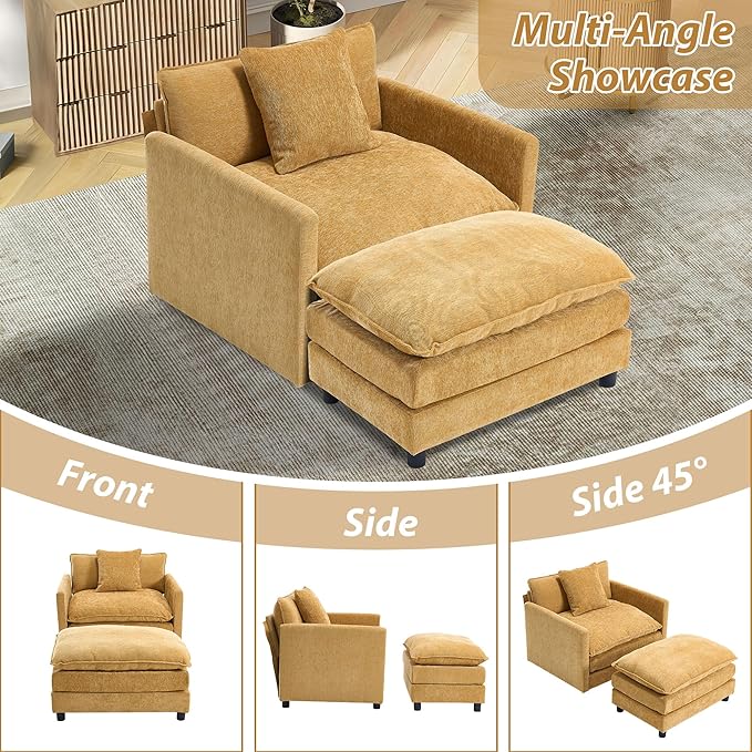 TTK Oversized Chaise Lounge Chair with Ottoman - 39.17 Wide Modern Sleeper Sofa for Living Room Bedroom &amp Office - Deep Seat Sectional Couch with Pillow Comfortable Reading Chair (Yellow 39.17