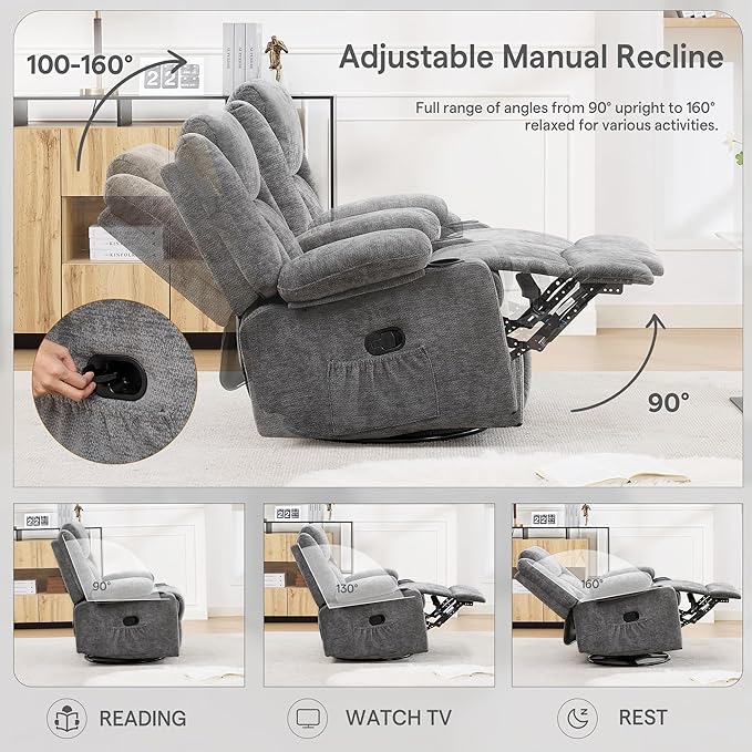 Swivel Rocker Recliner for Adults Manual Lazy Boy Recliner Chair with Cup Holders 360 Degree Rotating Nursery Rocking Chair Glider Recliner for Living Room (Grey)