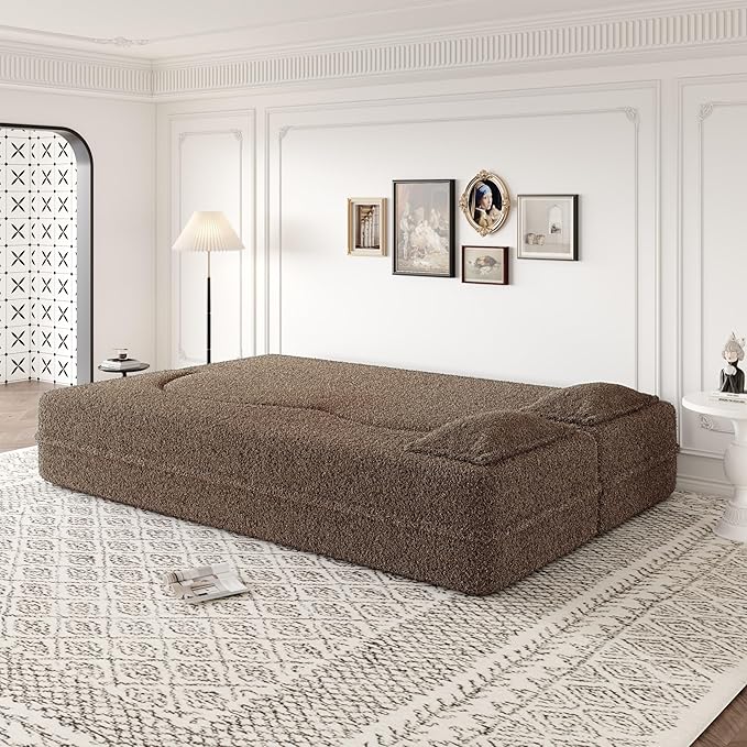 78” Floor Sleeper Sofa Bed Modern 2 in 1 Full Size Foldable Mattress with 2 Pillows Convertible Boneless Couch with Deep Seat for Living Room No Assembly Required (Brown &amp Teddy) | No Assembly