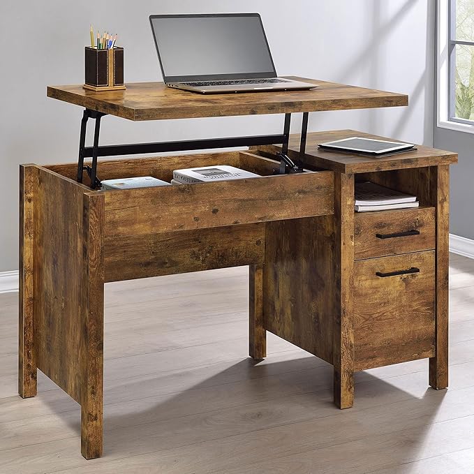 Coaster Home Furnishings - Delwin - Engineered Wood - 47-Inch Lift-Top Computer Desk with Drawers &amp File Cabinet Drawer Without Keyboard Tray Farmhouse Style - Home Office - Rustic Nutmeg - 8812