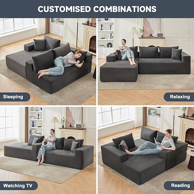 110 Inch Cloud Sectional Couch Modular Sectional Sofa with Deep Seat Boneless Sofa for Living Room Fluffy Comfy Couch with L-Shaped Chaise Grey