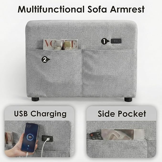 Convertible Sleeper Sofa Bed with Pull Out Couch L Shaped Couch with Chaise Storage USB Charge &amp Side Pocket Small Sectional Couches for Living Room Apartment | Linen Fabric | 82 | Light Grey