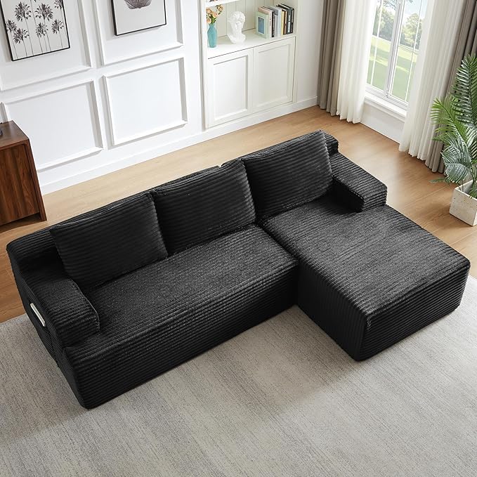 Modern Corduroy Modular Sectional Sofa96.1 Minimalist Style L-Shaped 3 Seat Couch with Side Storage PocketsComfortable Chaise Lounge for Living RoomReception AreaBlack Right Chaise Lounge