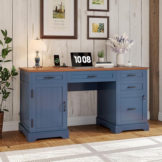 Whalefall 55'' Farmhouse Desk Home Office with Drawers Executive Computer Desk Wooden with File Cabinet and Charging Station Blue