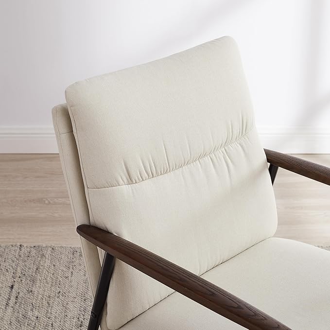 Zouron Upholstered Accent Chair with Metal Frame Modern Living Room Reading Chair with Wooden Armrests and Cushion Back Beige