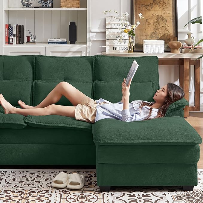 110 Convertible Sectional Sofa U Shape Cloud Couch Comfy Couches with Double Chaise and Sleepable Armrests 4 Seats Sectional Couches for Living Room Green