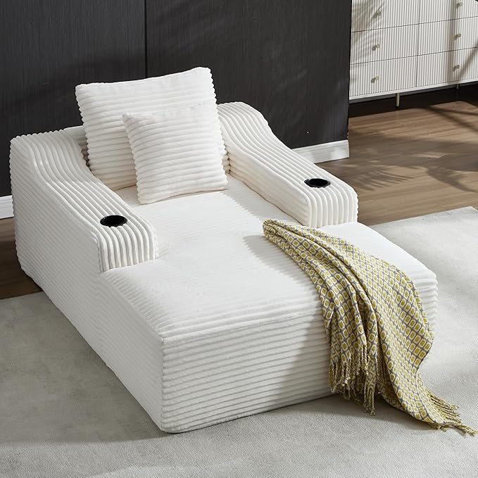 PELUMY 67 Oversized Chaise Lounge Sofa Bed Corduroy Boneless Sleeper Sofa with 2 Pillows &amp 2 Cup Holders Plush Cloud Couch for Living Room No Assembly Required (White)