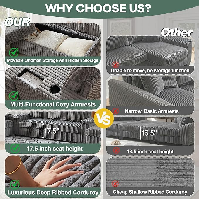 127 Modular L Shaped Sofa Couch Modern Comfy Corduroy Couch Convertible Sectional Sofa Set with 3 Ottomans Chaise Armrest Storage Cup Holder Home Sofa Living Room Free Combination (Grey)
