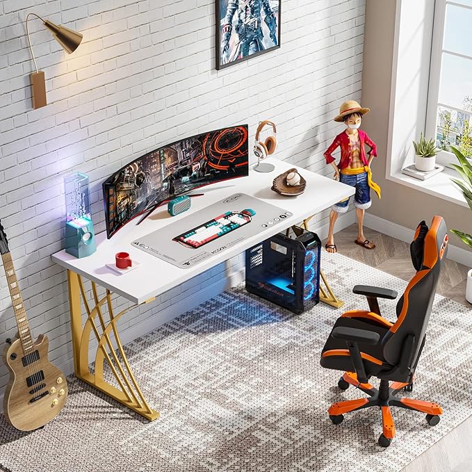 Tribesigns 55’’ Large Modern Computer Desk White &amp Gold Luxury Laptop PC Student Table with Thick Frame &amp Strong Legs Sturdy Writing Workstation for Home &amp Office