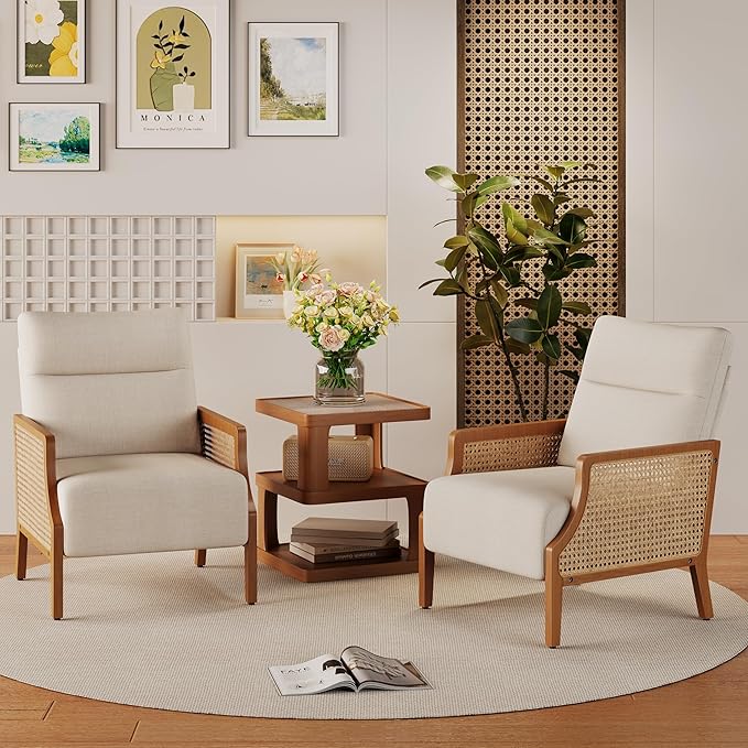 Aklaus Mid Century Accent Chair with Rattan Armrest Upholstered Living Room Chairs Lounge Fabric Reading Chairs Side Sitting Farmhouse Chair for Living Room Bedroom Balcony Beige