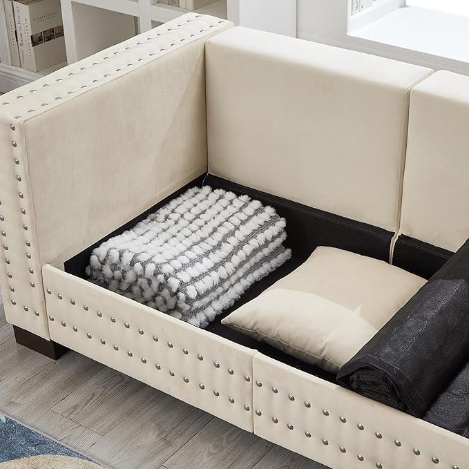 2 Piece Velvet Sofa Set with Storage - Mid Century Modern Chesterfield Couch and Loveseat Sets Comfy Deep Seat Upholstered Sectional Love Seat with Retro Nailhead Beige Couches Living Room (Apricot)
