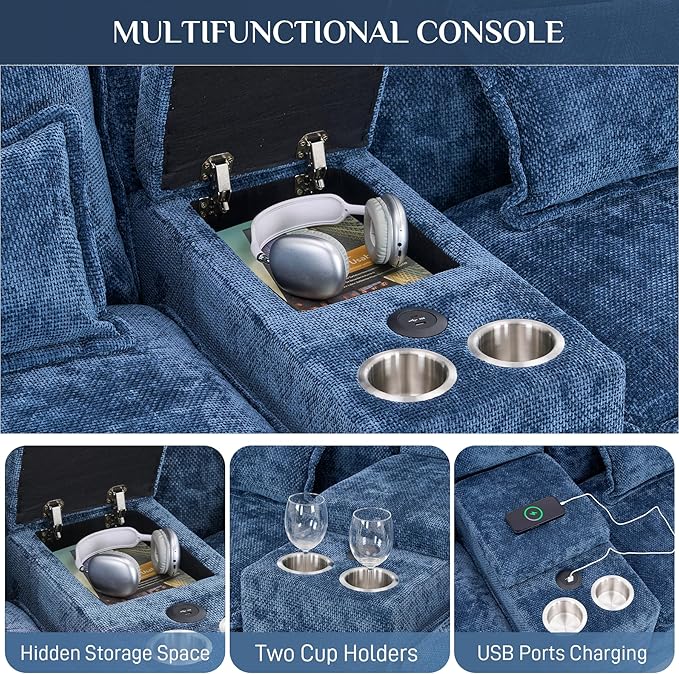 133 Oversized U Shaped Cloud Couch Modular Sectional Couches for Living Room Comfy Chenille Deep Seat Sofa Set with Double Chaise Lounge Storage Central Console Cup Holders USB Port Blue