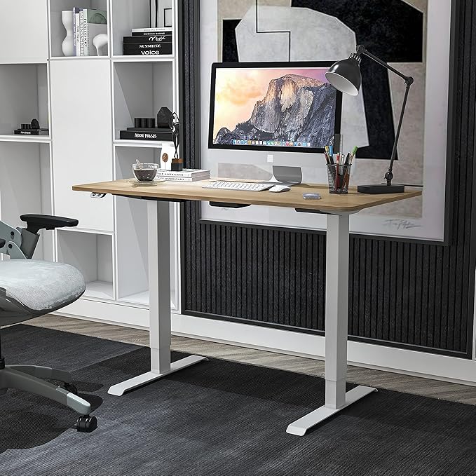 HOMES: Inside + Out Elmfort Modern Adjustable Height Metal 47 in. Standing Desk for Home Office Natural Brown and White
