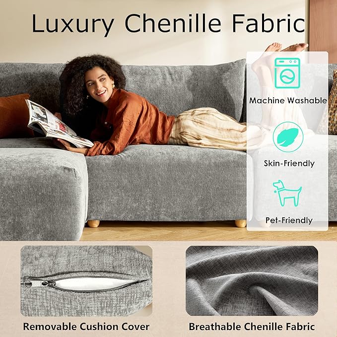 LINSY HOME Cloud Couch Sectional Modular Sofa Sectionals for Living Room Bedroom 91 2 Seater Love Seat Couch Deep Seat Cozy Couch Luxury Chenille Sofas Grey