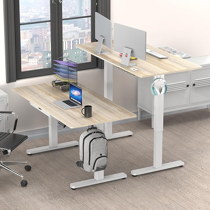 SHW 55 x 28 Inches Electric Height Adjustable Standing Desk with Drawer and Memory Preset Maple