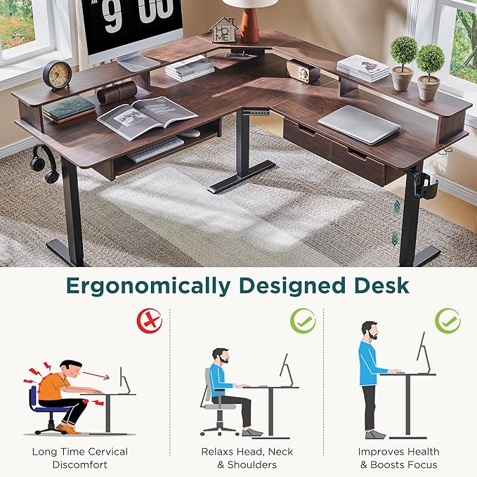 RedLemon 60 Inches L Shaped Electric Standing Desk Height Adjustable Corner Gaming Desk with Drawers Keyboard Tray Power Outlets &amp LED Lights Computer Desk with Monitor Shelf Dark Walnut