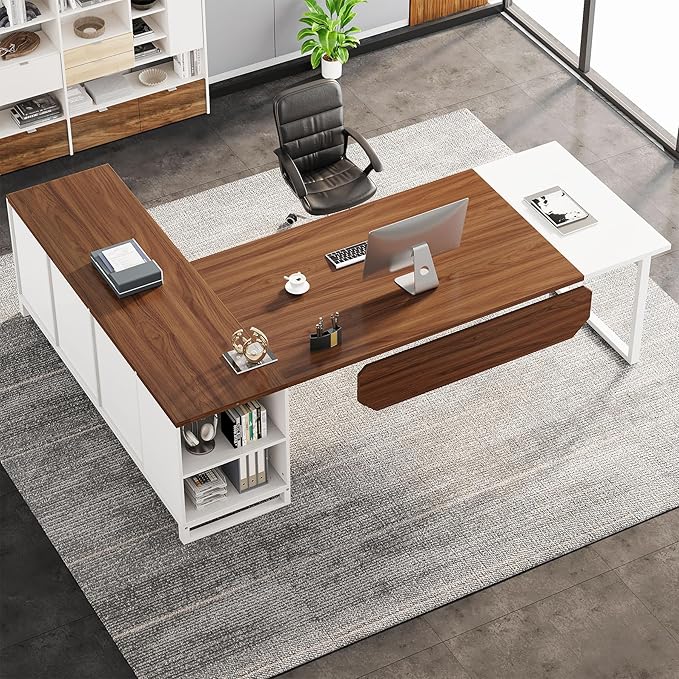 Tribesigns 70.8 L-Shaped Executive Desk with 55 File Cabinet Large Home Office Computer Desk with Storage Shelves and Cabinet Modern Business Furniture Set Home Office Walnut White